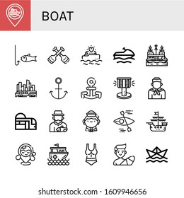 boat simple icons set. Contains such icons as Ship, Fishing, Paddles, Yatch, Jet ski, Pirate ship, Skytrain, Anchor, Bollard, Sailor, Subway, can be used for web, mobile and logo