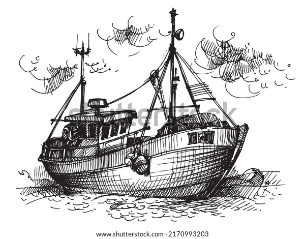Boat Sketch, Nautical\
vector design. Line drawing of the boat. Marine illustration.\
Fishing boat at sea