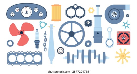 Boat spare parts. Equipment for repair and assembly ships or boats. Mechanical gears, joints, pipes, chains, ship control panel, recent vector clipart