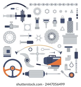 Boat spare parts. Various ship mechanism for repair service. Yacht or boats flat gears, pipes and bearing, motor chain and valve, decent vector icons