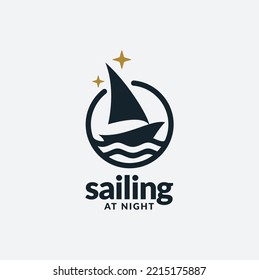 Boat with Stars for Sailing at Night, Fisherman Sailboat on the Ocean Sea Wave Silhouette logo design