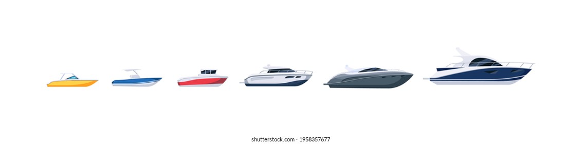 Boat, steamboat and motorboat difference set on white background
