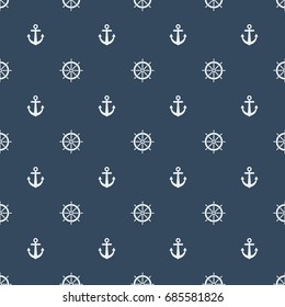 Boat steering wheel with Anchor pattern on navy blue background. Seamless pattern with Boat steering, ship helm, ship steering icon.