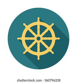 Boat steering wheel circle icon with long shadow. Flat design style. Ship helm simple silhouette. Modern, minimalist, round icon in stylish colors. Web site page and mobile app design vector element.