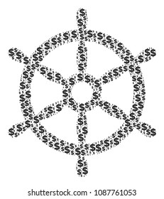 Boat steering wheel composition of dollar symbols and round dots. Vector money pictograms are grouped into boat steering wheel illustration.