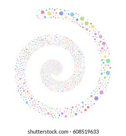 Boat Steering Wheel fireworks swirling spiral. Vector illustration style is flat bright multicolored scattered symbols. Object helix combined from scattered icons.