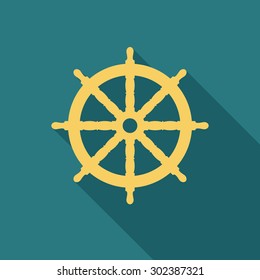 Boat Steering Wheel Icon With Long Shadow. Flat Design Style. Ship Helm Simple Silhouette. Modern, Minimalist Icon In Stylish Colors. Web Site Page And Mobile App Design Vector Element.