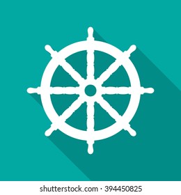 Boat steering wheel icon with long shadow. Flat design style. Ship helm simple silhouette. Modern, minimalist icon in stylish colors. Web site page and mobile app design vector element.