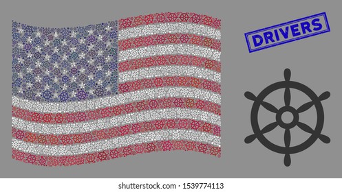 Boat steering wheel icons are combined into American flag stylization with blue rectangle distressed stamp seal of Drivers caption.