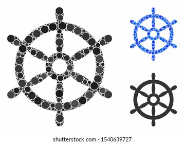 Boat steering wheel mosaic of filled circles in different sizes and color hues, based on boat steering wheel icon. Vector filled circles are composed into blue composition.
