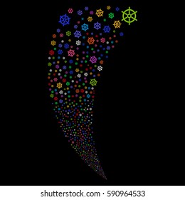Boat Steering Wheel random fireworks stream. Vector illustration style is flat bright multicolored iconic symbols on a black background. Object fountain constructed from scattered icons.