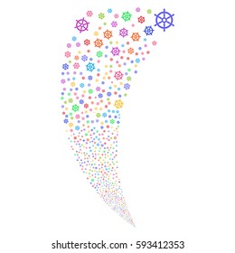 Boat Steering Wheel random fireworks stream. Vector illustration style is flat bright multicolored iconic symbols on a white background. Object fountain constructed from scattered symbols.