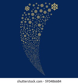 Boat Steering Wheel random fireworks stream. Vector illustration style is flat yellow iconic symbols on a blue background. Object fountain made from scattered pictograms.