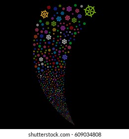 Boat Steering Wheel random fireworks stream. Vector illustration style is flat bright multicolored iconic symbols on a black background. Object fountain constructed from scattered icons.