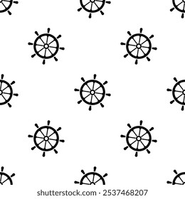 Boat steering wheel seamless pattern. Ship rudder, black silhouettes on white background, seamless sea travel pattern, flat style design. Nautical elements, monochrome texture. vector illustration