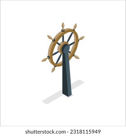 The boat steering wheel is surrounded by Pirate ship, card chest, cannon and compass on the beach.-3d rendering.
 3d Red old boat steering wheel isolated on the white background.