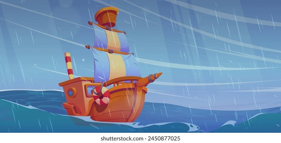 Boat in stormy sea with rain. Ship on ocean wave. Dark sky and big sailboat on water vector landscape. Travel vessel in scary natural environment drawing for nautical comic game story design