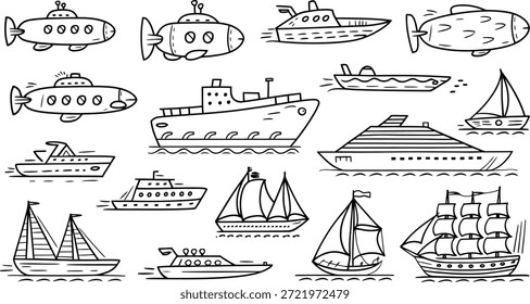 Boot und U-Boot Doodle Vektor Set, handgezeichnetes Schiff, Segelboot, Cruise Illustration