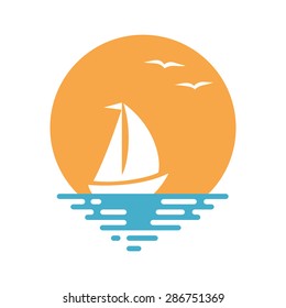 Boat and sun. Vector illustration.