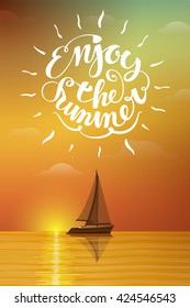 Boat at sunset with lettering. Summer vector illustration