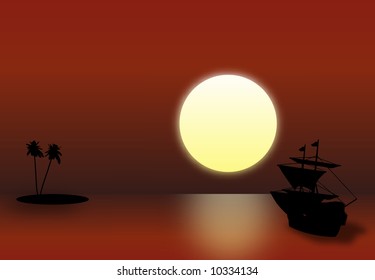 boat and sunset. Red night