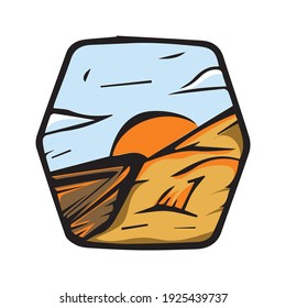Boat sunset sticker vector. Sunset view with house and mountain illustration, Sunset sticker vector good for print.