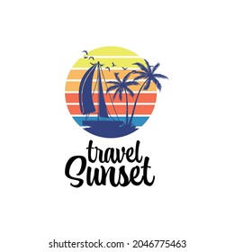 Boat at Sunset Vector with Bird and Coconut Tree, Sunset View Circle Design, Silhoute Boat, Coconut Tree, and Bird Sunset Design