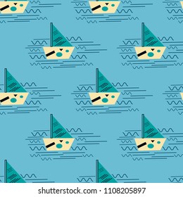 Boat With Symbols On The Sea Wave.vector Bauhaus illustration, good for banner, textile, wallpaper