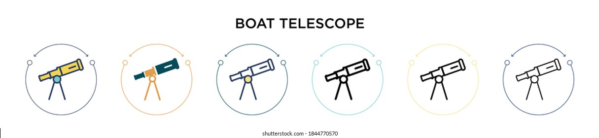 Icono del telescopio de barco en estilo relleno, delgado, contorno y trazo. Ilustración vectorial de dos diseños de iconos vectoriales de telescopio de barco negro y de color para móviles, ui, web