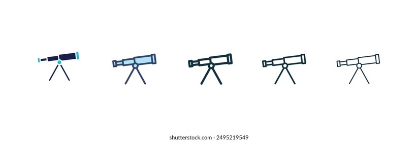 Boat Telescope Vektorgrafik Icon Set schwarz gefüllt und umrissen Stil.