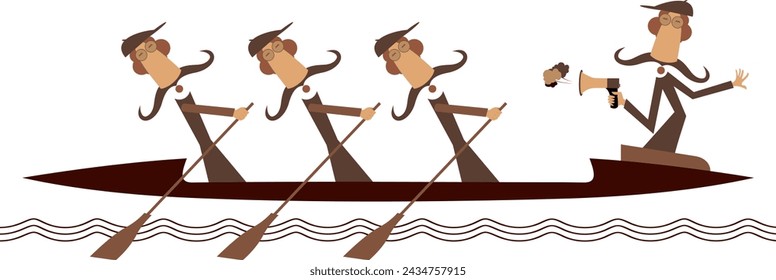 Boat, three oarsmen and quartermaster with megaphone.
Kayak-paddling. Cartoon long mustache oarsmen and quartermaster with megaphone floating on the waves on a kayak boat
