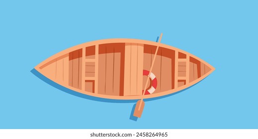 Boat top view vector illustration. Aerial view of water transport. Wooden boat with oars and life buoy. Carriage and maritime transportation.