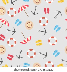 Boat Tour Vacation. Seamless Pattern With Anchors, Hats And Umbrellas Over Beige Background. Square, Vector Illustration
