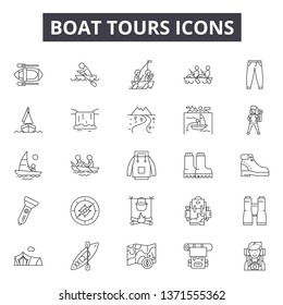 Boat tours line icons, signs set, vector. Boat tours outline concept, illustration: travel,boat,tour,vacation,ship,camera,tourism,summer