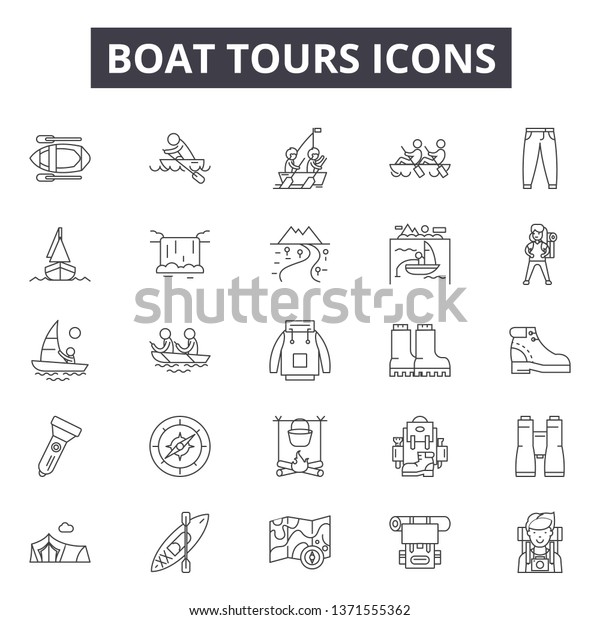 Boat\
tours line icons, signs set, vector. Boat tours outline concept,\
illustration:\
travel,boat,tour,vacation,ship,camera,tourism,summer