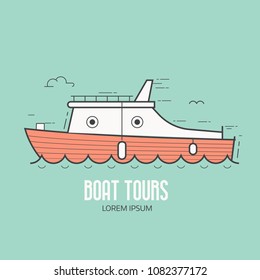 Boat tours logo or label template in linear style. Yacht tourist sea excursions logotype in thin line design. Yachting club outline icon.