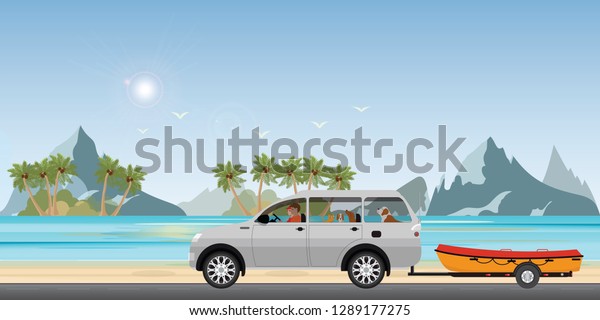 Boat towing car on road running
along the sea coast, boat on a trailer, banner on the theme of
fishing, camping, adventures in nature vector illustration.  
