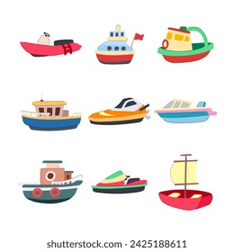 boat toy set cartoon. baby train, sail puzzle, robot yacht boat toy sign. isolated symbol vector illustration