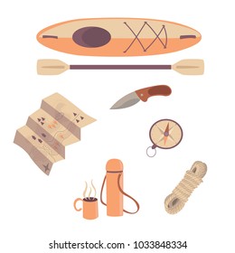 Boat trip canoeing set map knife paddle compas thermos cup hot drink rope cartoon illustration