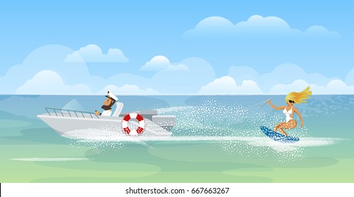 Boat trip on the sea. The water skiing. Vector