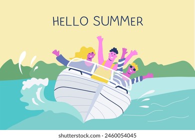 Boat trip. Rest.Holidays.Vacation. A group of friends is boating. Vector illustration of a flat style