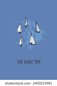 Boat trips logo. Boat sightseeing tours, sea or river cruise routes banner. Yacht hand drawn vector illustrations with hand lettering