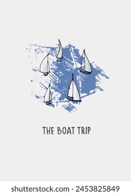 Boat trips logo. Boat sightseeing tours, sea or river cruise routes banner. Yacht hand drawn vector illustrations with hand lettering