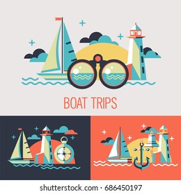 Boat trips. Vector illustration. Seascape with sailboat, lighthouse, binoculars, compass in flat style.