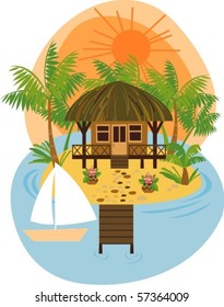 boat and a tropical island with palm trees