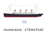 Boat with tubes, steam ship inspired by titanic construction. 1910 date and isolated icon of vessel for passengers transportation. Luxurious cruise for clients, shipment of goods, vector in flat