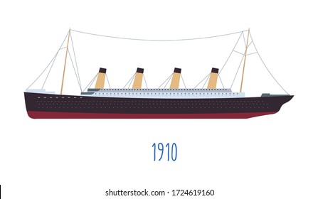 Boat with tubes, steam ship inspired by titanic construction. 1910 date and isolated icon of vessel for passengers transportation. Luxurious cruise for clients, shipment of goods, vector in flat