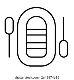 Boat with two paddle thin line icon, marine transport concept. Vector graphics. Inflatable boat and oars sign on white background, style mobile or design