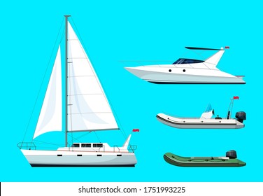 Boat types semi flat RGB color vector illustrations set. Regatta for recreation. Private speedboat. Sailboat for voyage. Boat with engine. Ship isolated cartoon items on turquoise background