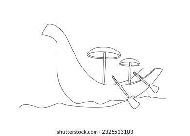 Un barco con un paraguas. Dibujo de una sola línea de Onam